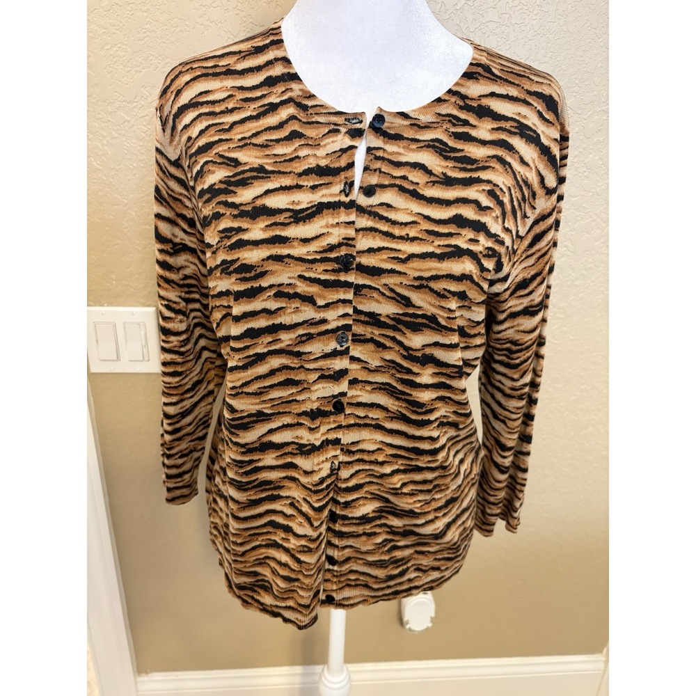 Silx By August Silk Tiger Striped Silk Blend 3/4 Sleeve Cardigan, Large